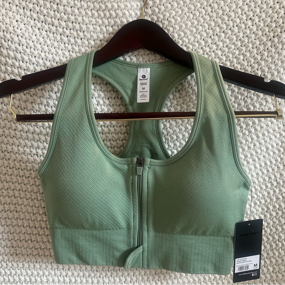 90 Degree By Reflex Green Front-Zip Sports Bra